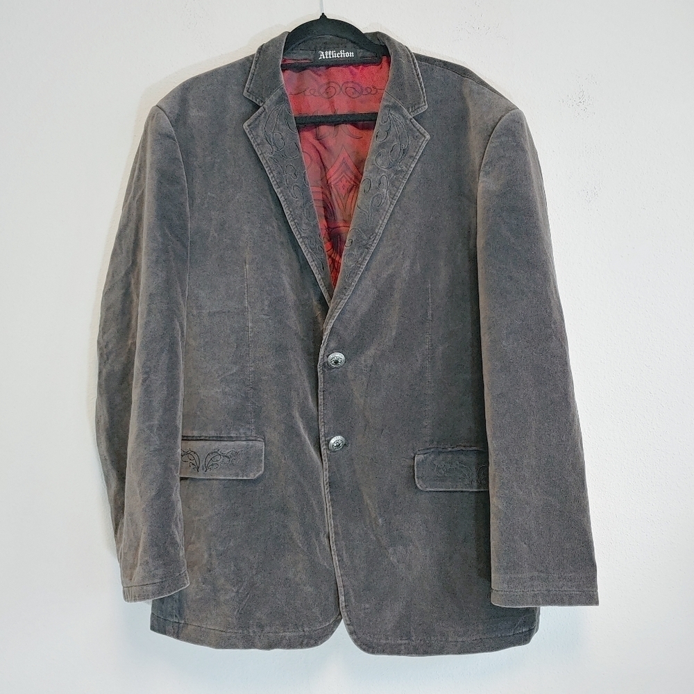 Affliction Men's Dark Green Gray Red Label Premium Cotton Sport Coat Sz 44/46